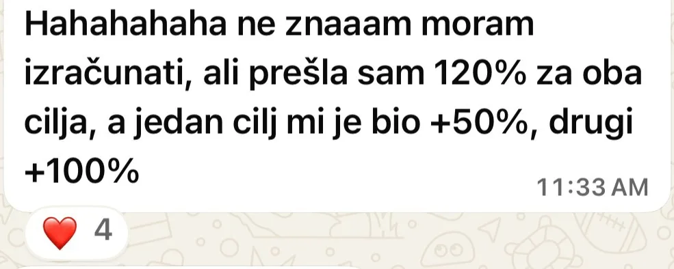 Screenshot poruke: prešla 120% oba cilja