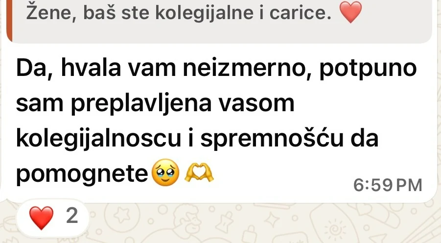 Screenshot poruke: kolegijalnost u grupi